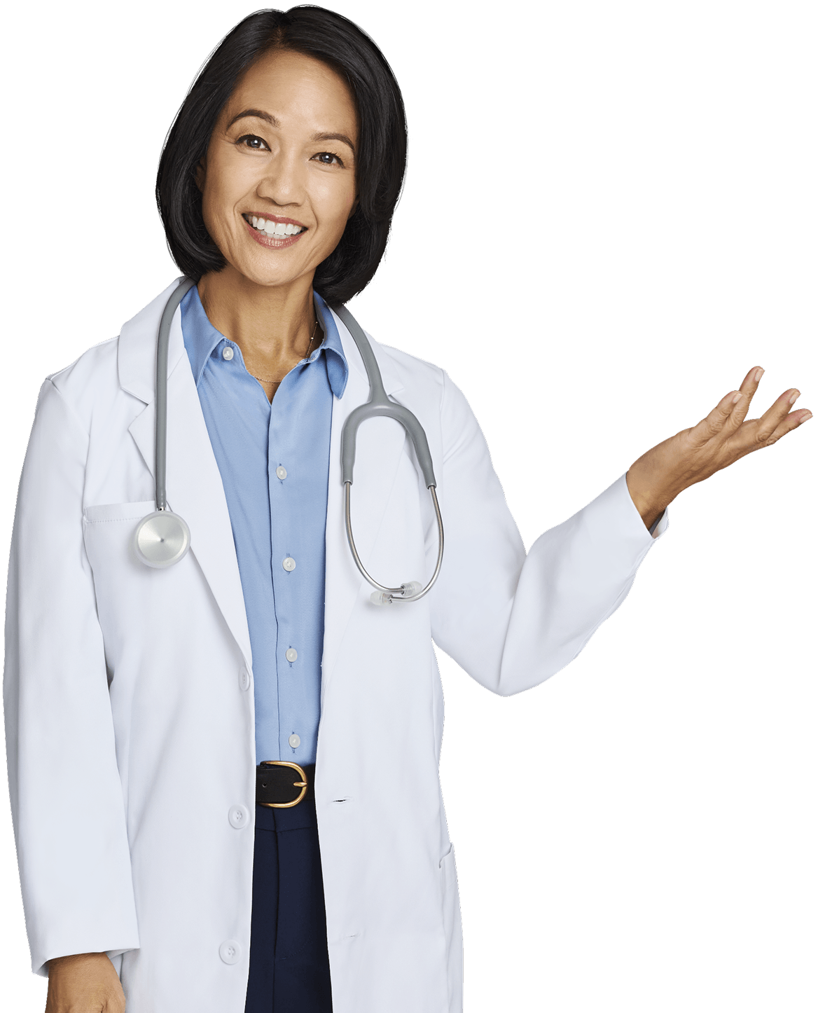 A doctor wearing a white coat and stethoscope holding her hand out