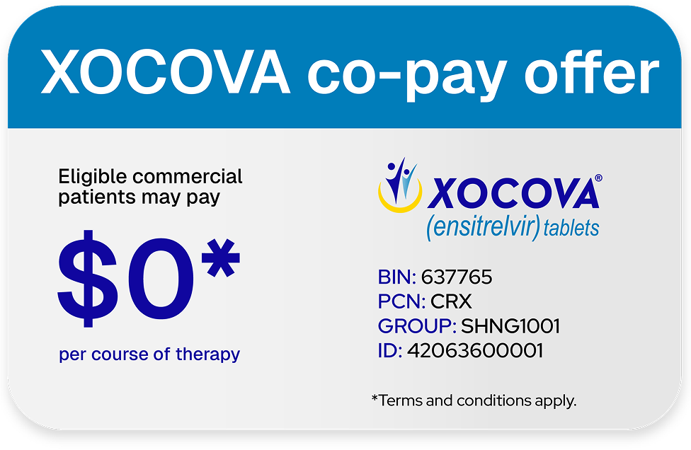 A XOCOVA co-pay offer card showing eligible commercial patients may pay $0 per course of therapy