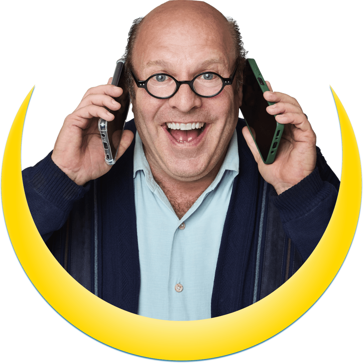 A man holding two mobile devices to both ears