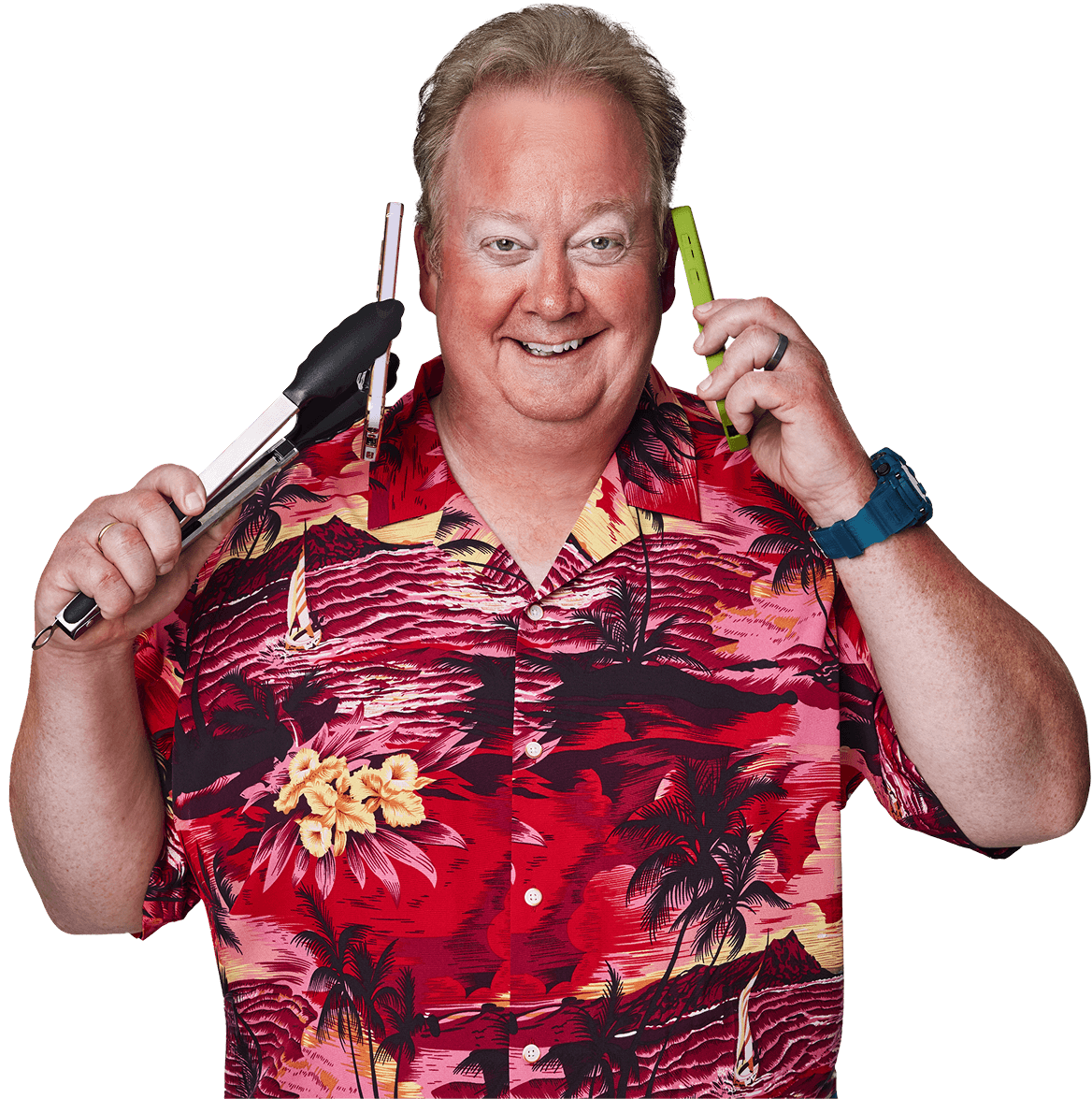 A man holding a phone with tongs to one ear while holding another phone in his hand to the other ear