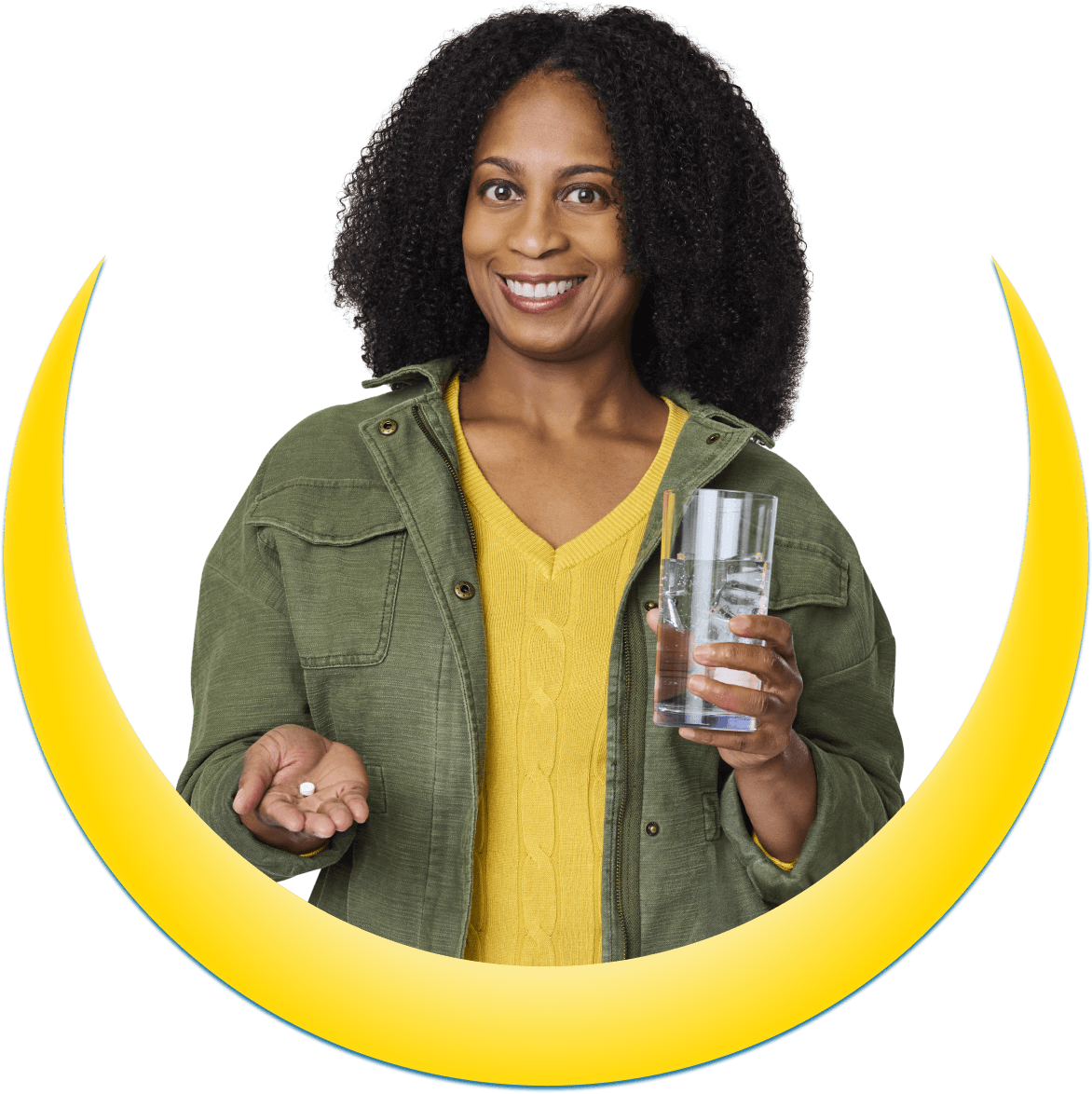 A woman holding a XOCOVA pill and a glass of water